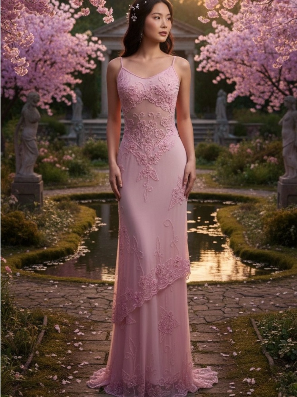 Elegant Pink hand beaded Lace/rhinestone Evening Gown - Spaghetti Strap Dress